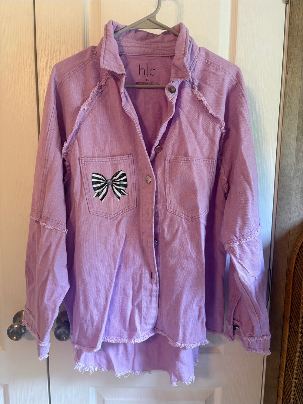 Lavender Distressed Button-Up Jacket with Bow Patch